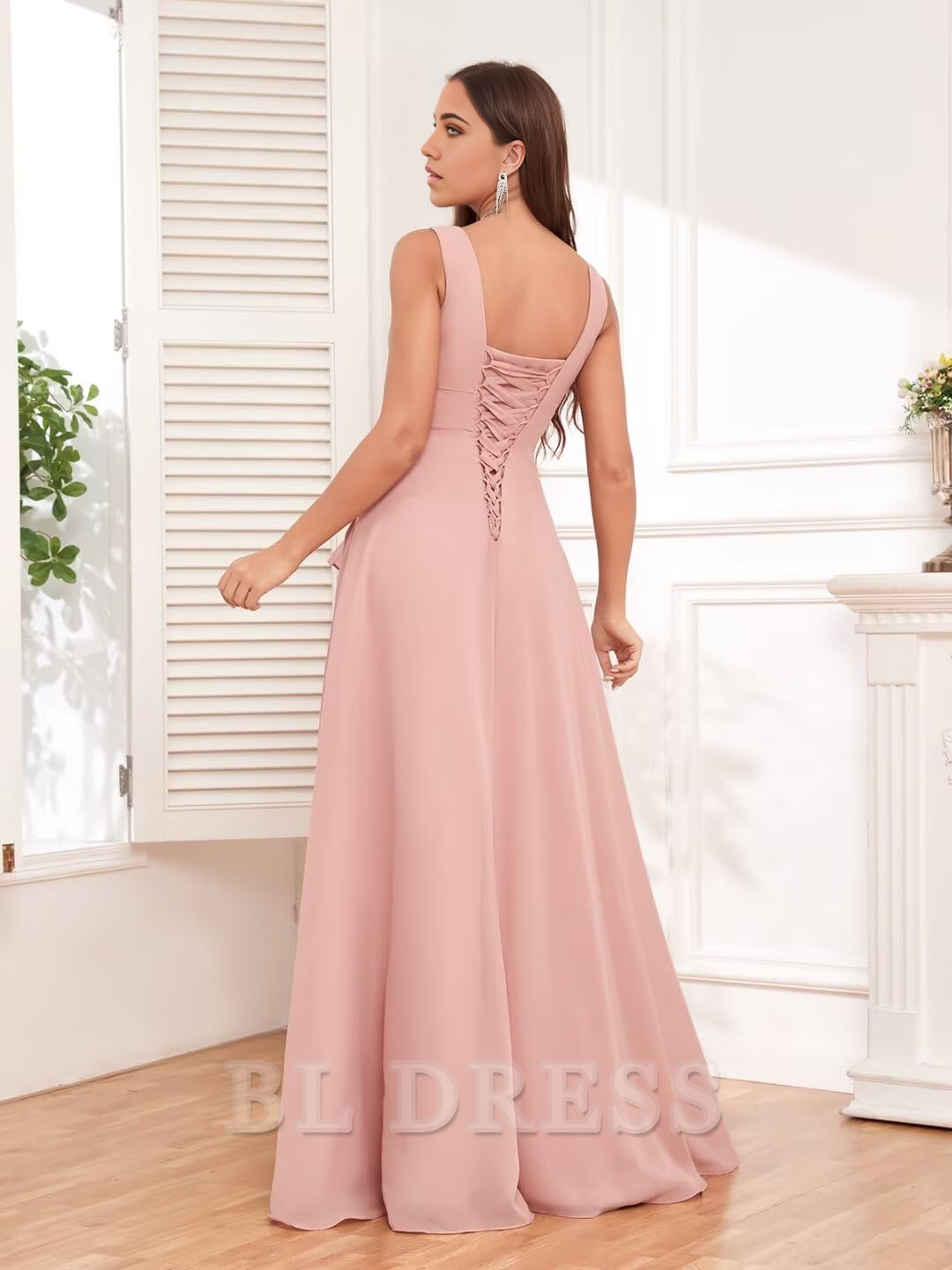 A-line V Neck Ruffle Pleated Chiffon formal dresses Bridesmaid Dresses evening gown Prom Dress with Slit