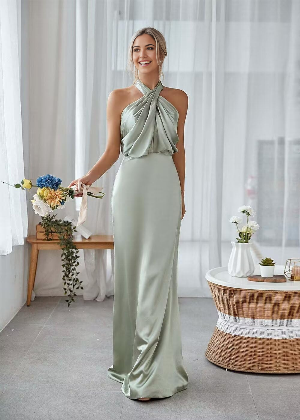 Sheath Halterneck Satin Pleated Floor Length formal dresses Bridesmaid Dresses evening gown Prom Dress