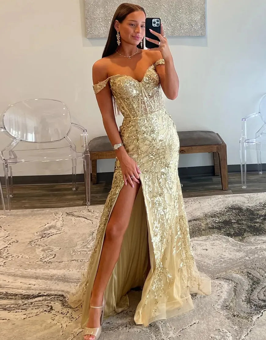 Wholesale Golden Sparkly Off The Shoulder Mermaid Long Prom Dress with Slit prom dresses with long sleeves