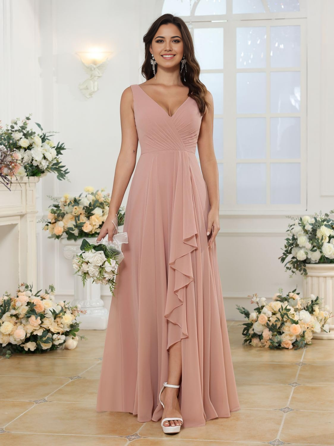 A-line V Neck Slit Chiffon formal dresses Bridesmaid Dresses evening gown Prom Dress with Pockets