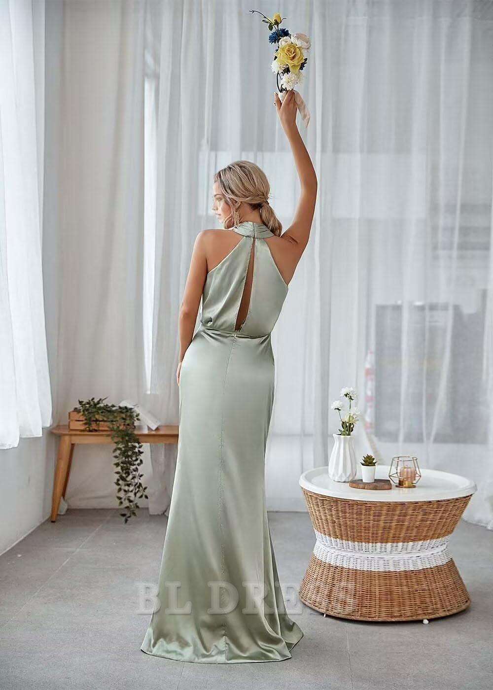 Sheath Halterneck Satin Pleated Floor Length formal dresses Bridesmaid Dresses evening gown Prom Dress