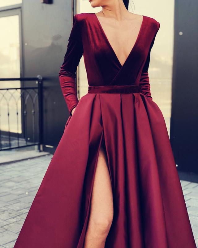 Long Sleeves V-neck Evening Dresses Split Prom Gowns