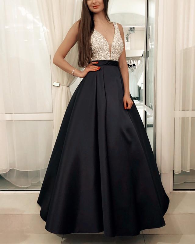 Plunge Neck Floor Length Satin Prom Evening Dress Sequin Beaded