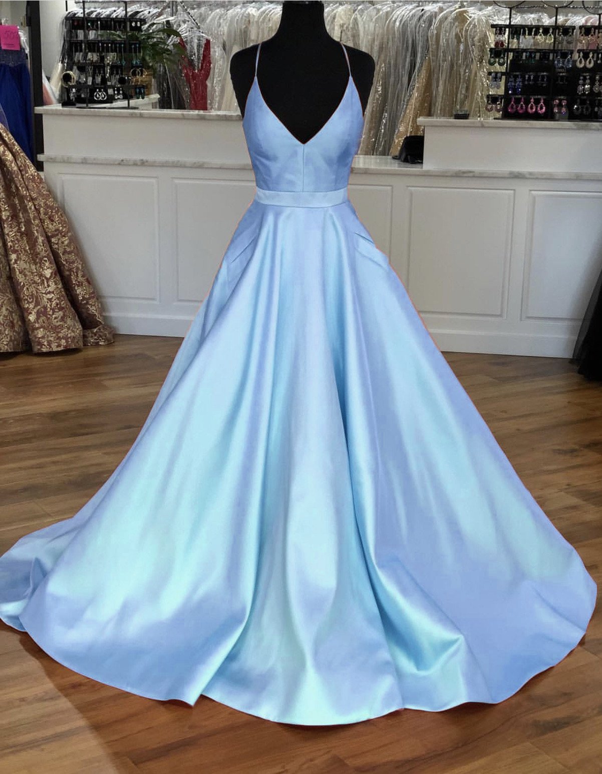 Light Blue Satin V-neck Cross Back Prom Dresses 2019