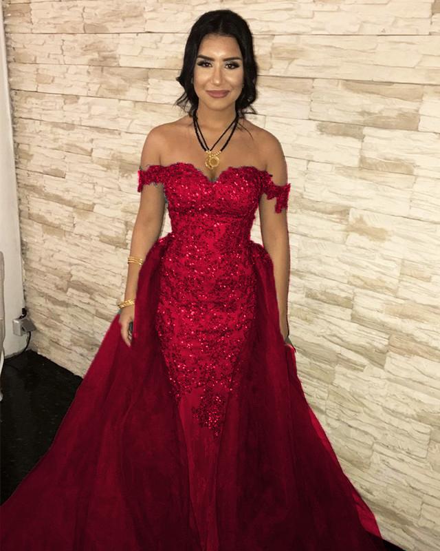 Sequin Lace Off Shoulder Mermaid Evening Dresses With Removable Skirt