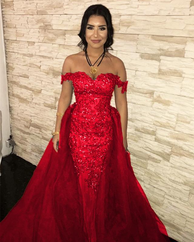 Sequin Lace Off Shoulder Mermaid Evening Dresses With Removable Skirt