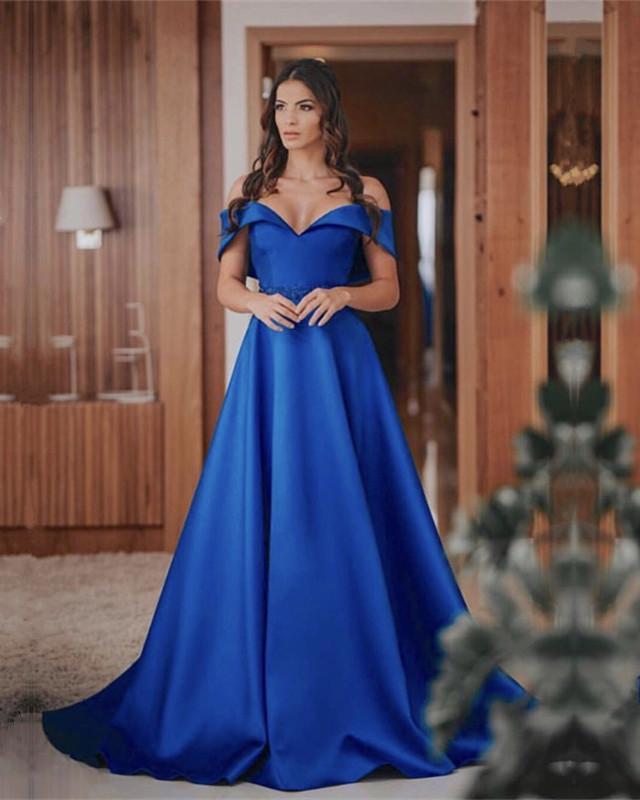 Long Satin Off Shoulder Prom Evening Dresses Beaded Sashes