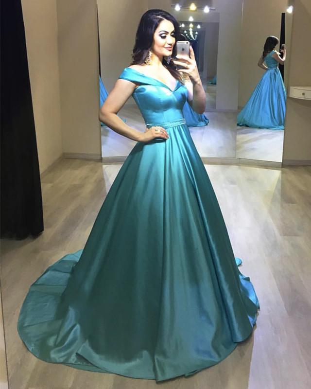 Long Satin Beaded Sashes V-neck Off Shoulder Ball Gown Prom Dresses