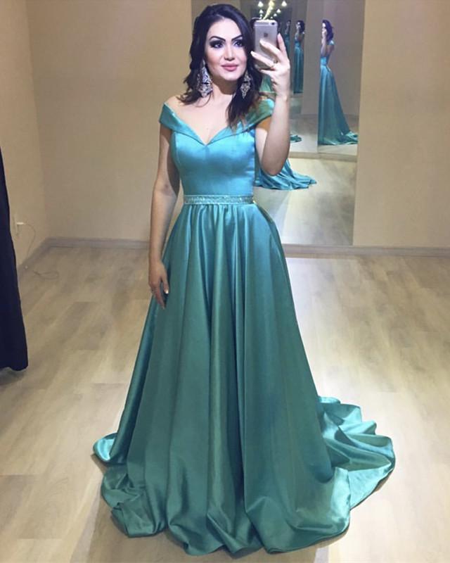 Long Satin Beaded Sashes V-neck Off Shoulder Ball Gown Prom Dresses