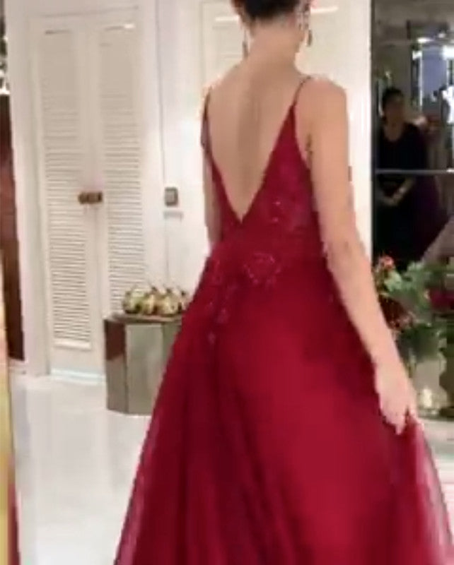 A-line V-Neck Tulle Prom Long Dresses Lace Embroidery