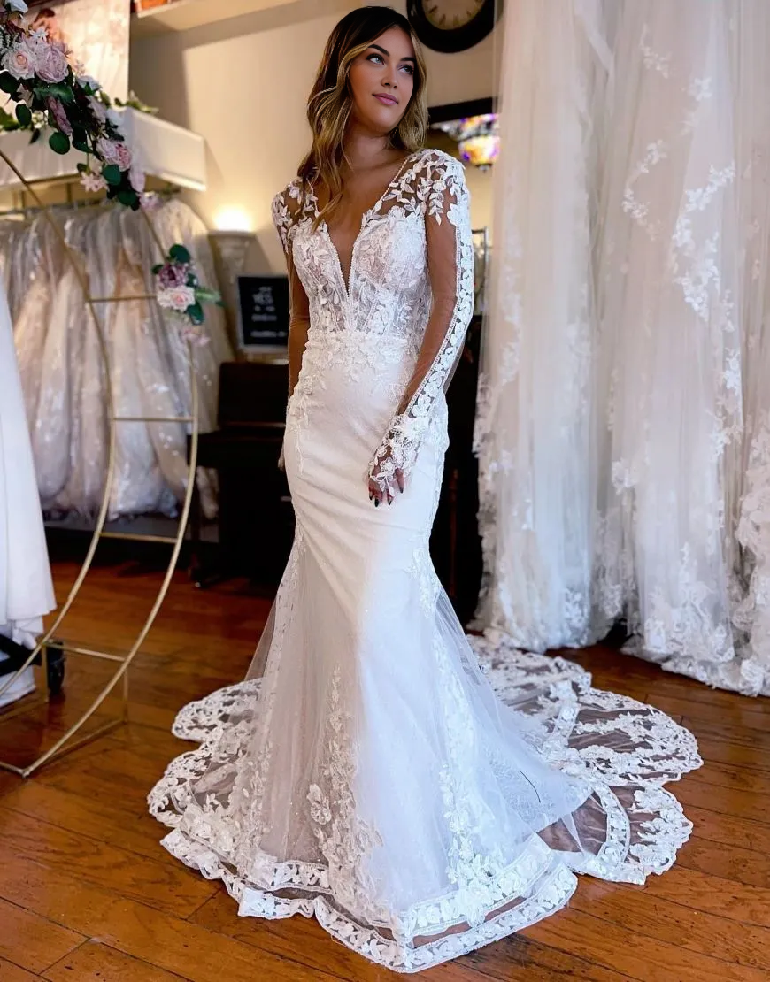 Aimishang Mermaid Wedding Dress V-Neck Long Sleeves With Appliques