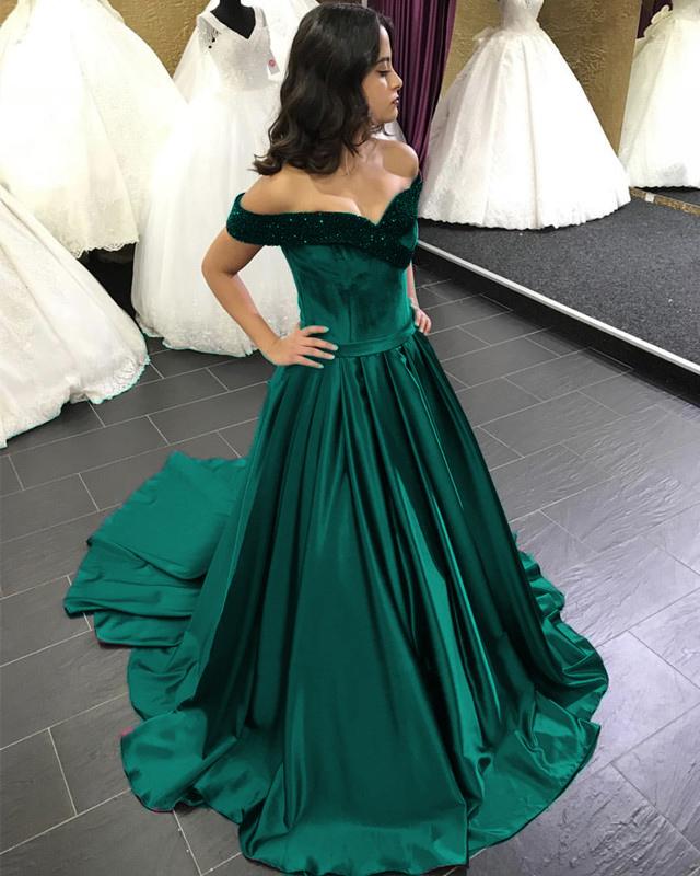 Beaded V-neck Off The Shoulder Satin Ball Gowns Wedding Dress