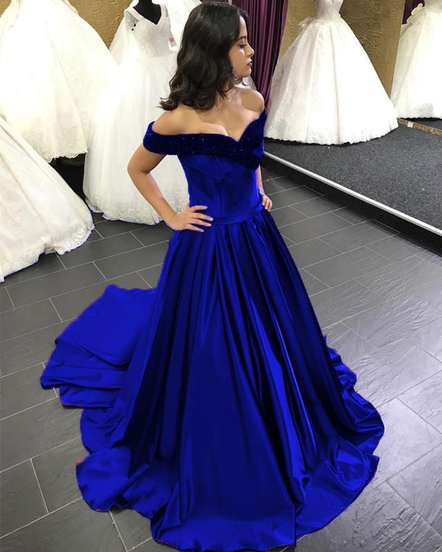Beaded V-neck Off The Shoulder Satin Ball Gowns Wedding Dress