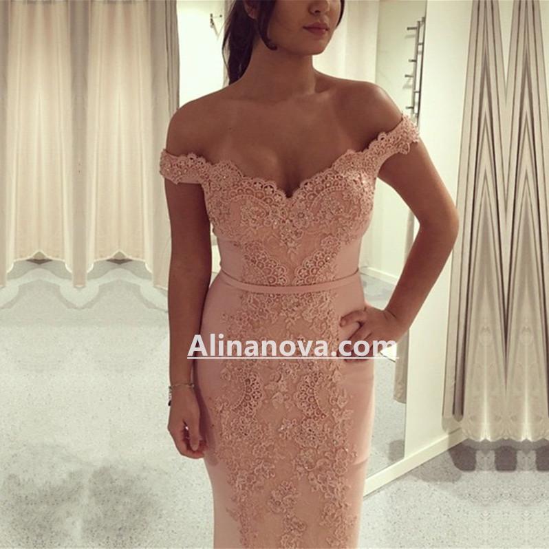 Off Shoulder Pink Mermaid Prom Evening Dresses Lace Appliques