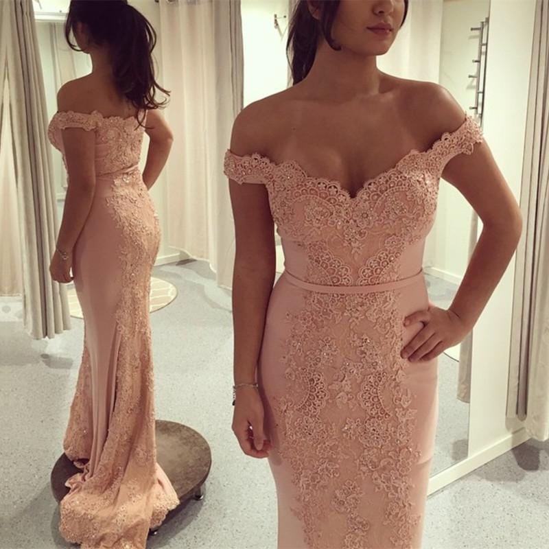 Off Shoulder Pink Mermaid Prom Evening Dresses Lace Appliques