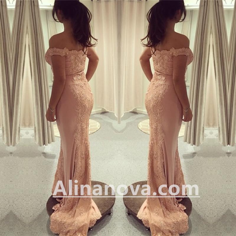 Off Shoulder Pink Mermaid Prom Evening Dresses Lace Appliques