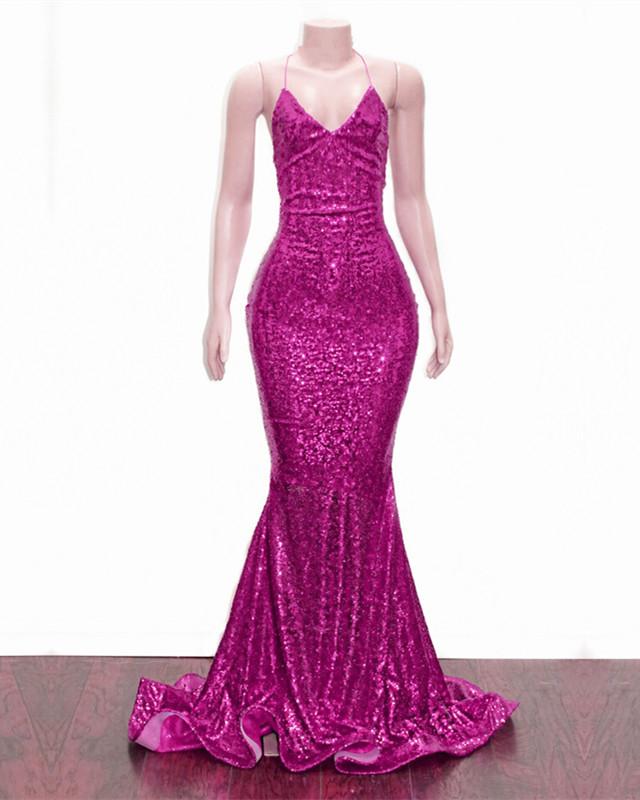 Mermaid V-neck Cross Back Sequins Prom Evening Dresses