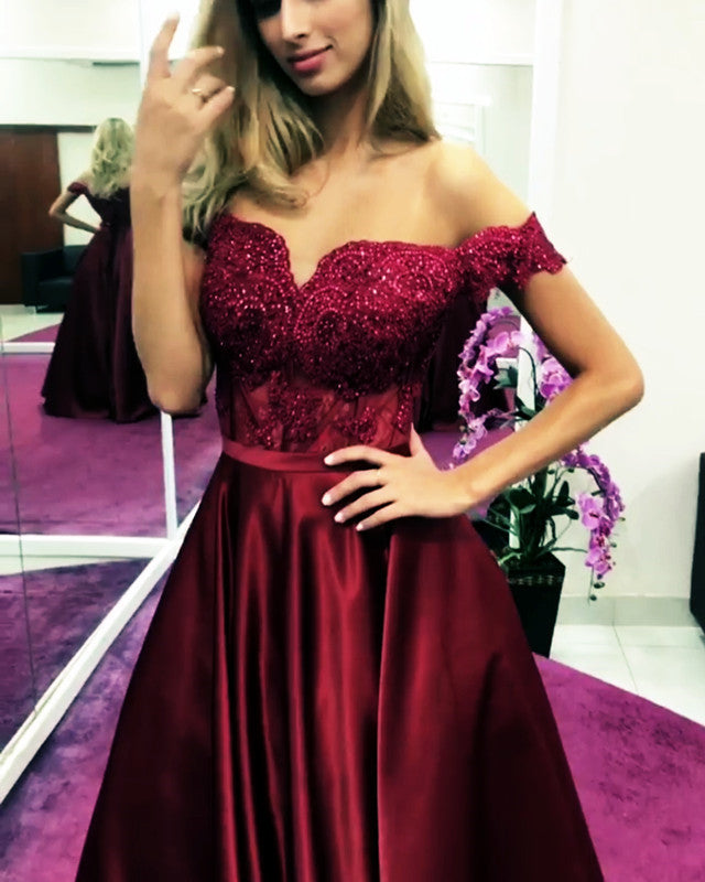 Lace Beaded Corset Prom Satin Dresses Off Shoulder Formal Gowns