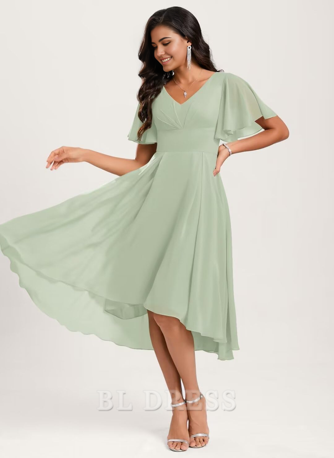 A-Line V Neck Short Sleeve Asymmetrical Chiffon formal dresses Bridesmaid Dresses evening gown Prom Dress