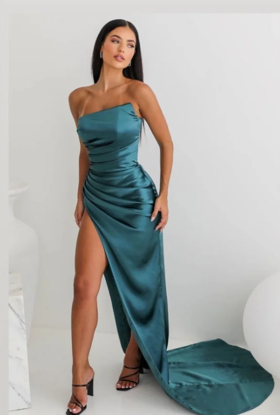 Vintage Sheath Strapless Neckline Slit Satin Long Party Dress Prom Dresses SD2446