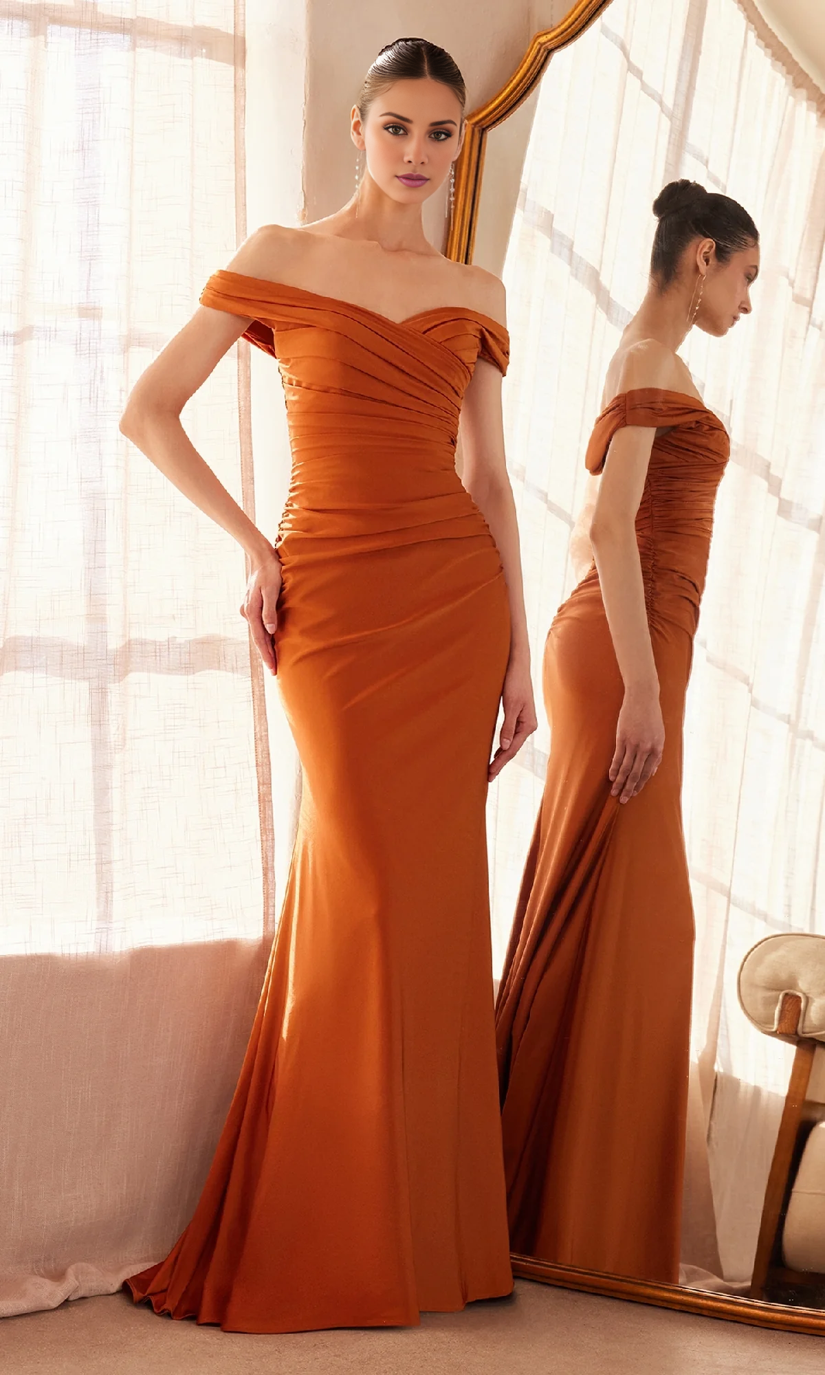 Jimiss off shoulder pleated satin backless and floor length evening dress