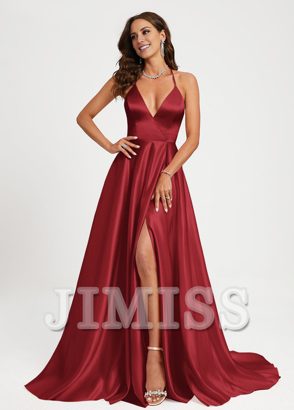 A-line V-neck floor-sweeping satin prom dress