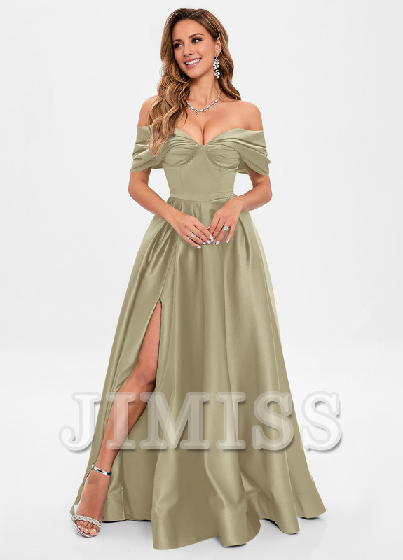 A-line pleated off-the-shoulder floor-length satin prom dress