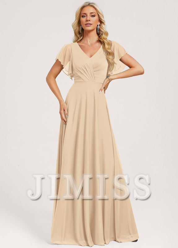 Ruffled A-line V-neck Floor-length Mesh Bridesmaids Dress
