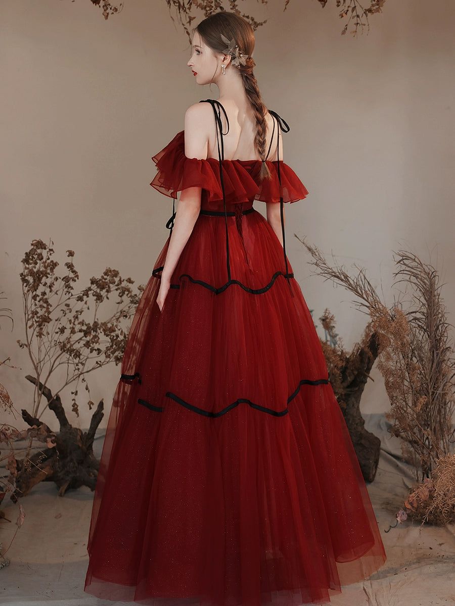 A-Line Off Shoulder Tulle Burgundy Long Prom Dress, Burgundy Formal Dress