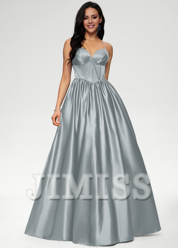 Ball-Gown/Princess V-neck pleated floor-length satin prom dress