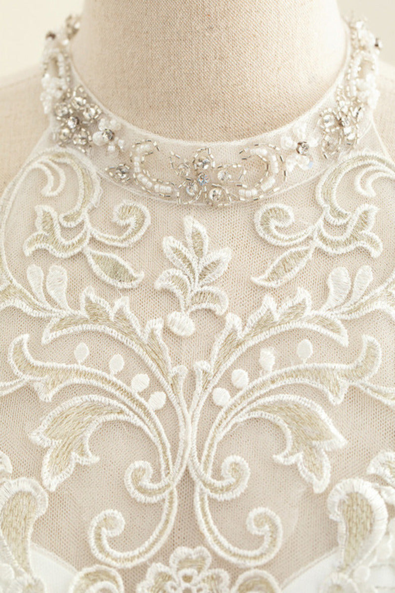 A-line high neck and sleeveless lace chiffon wedding dress