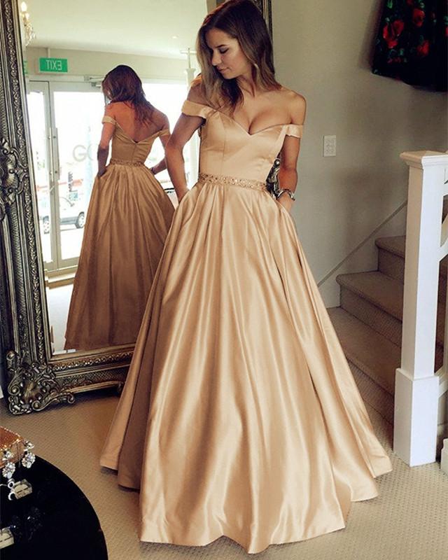V Neck Off The Shoulder Satin Prom Dresses 2019 Evening Gowns Beaded Sashes