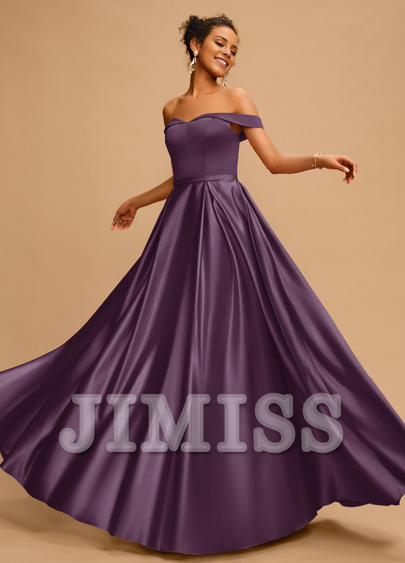 A-line off-the-shoulder floor-length satin prom dress