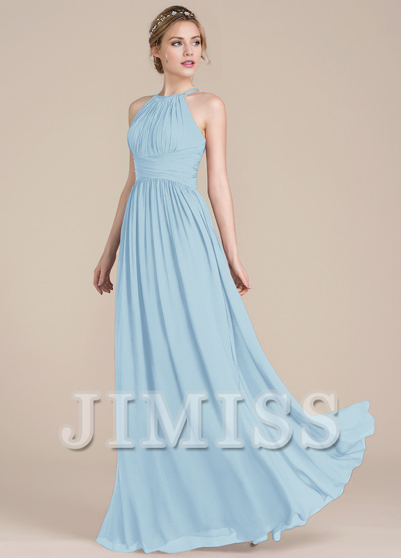 Ruffled A-line scoop neck floor-length chiffon prom dress