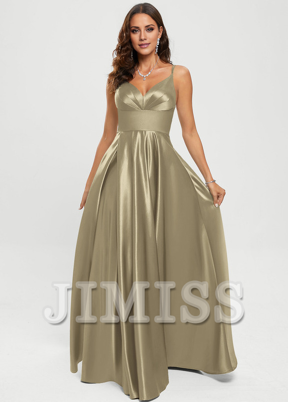 A-line V-neck floor-length satin prom dress