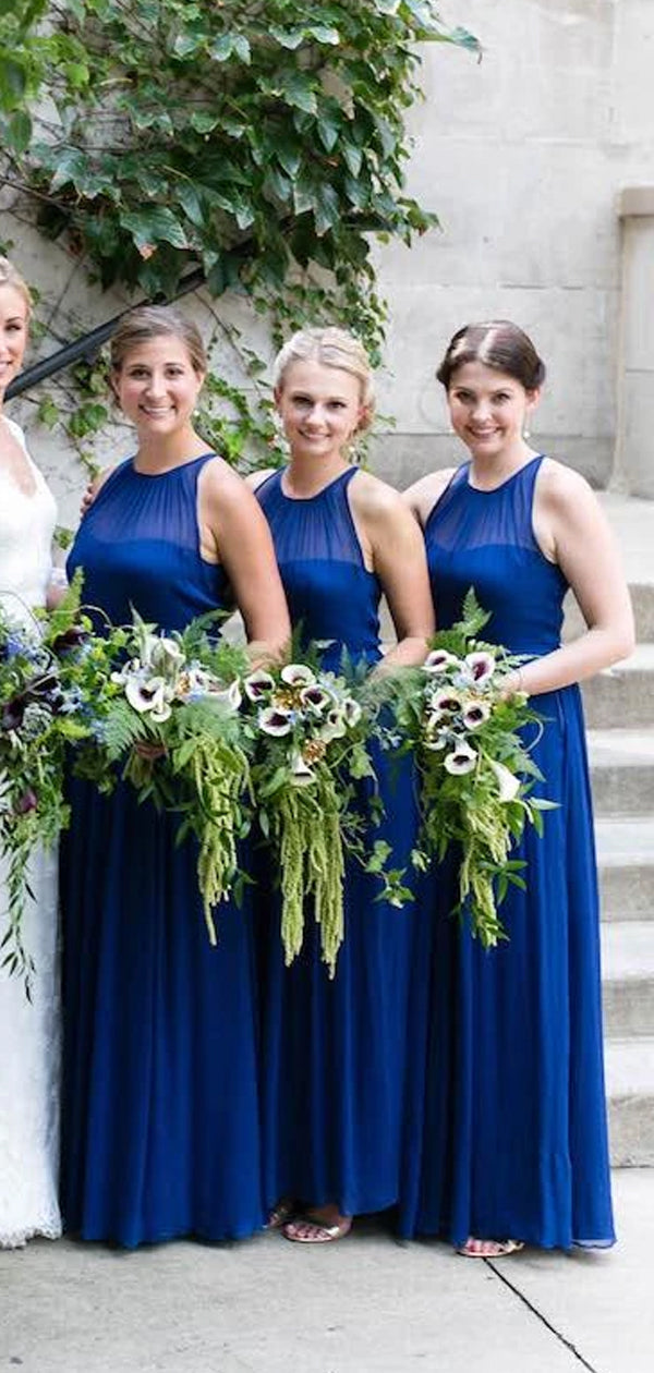 Royal Blue Jewel Neckline Sleeveless Long Bridesmaid Dresses, WG06