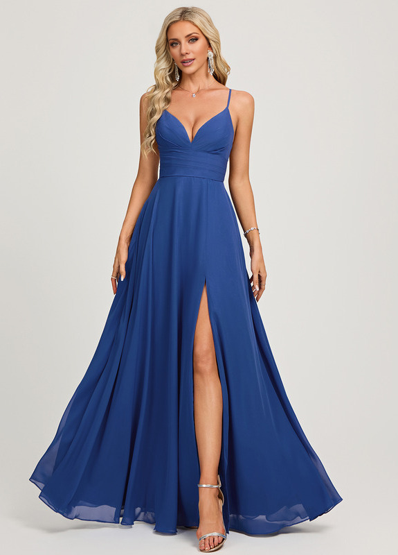 A-line V-neck pleated floor-length chiffon prom dress