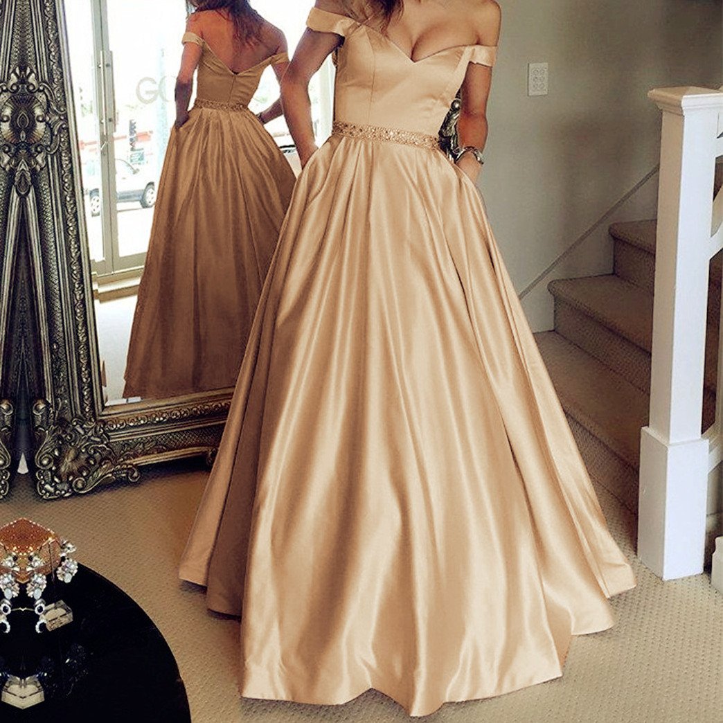V Neck Off The Shoulder Satin Prom Dresses 2019 Evening Gowns Beaded Sashes
