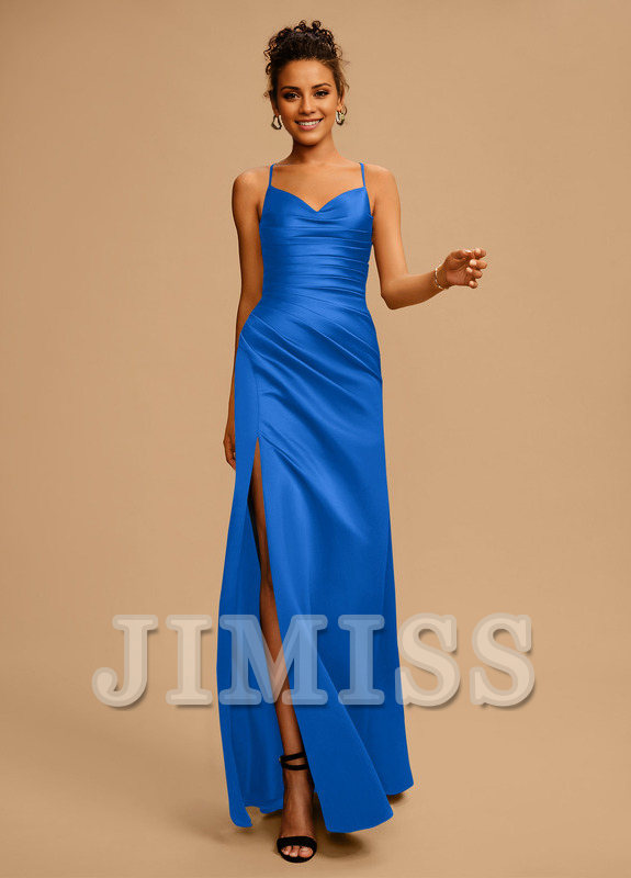 Bodycon/straight V-neck floor-length pleated satin prom dress
