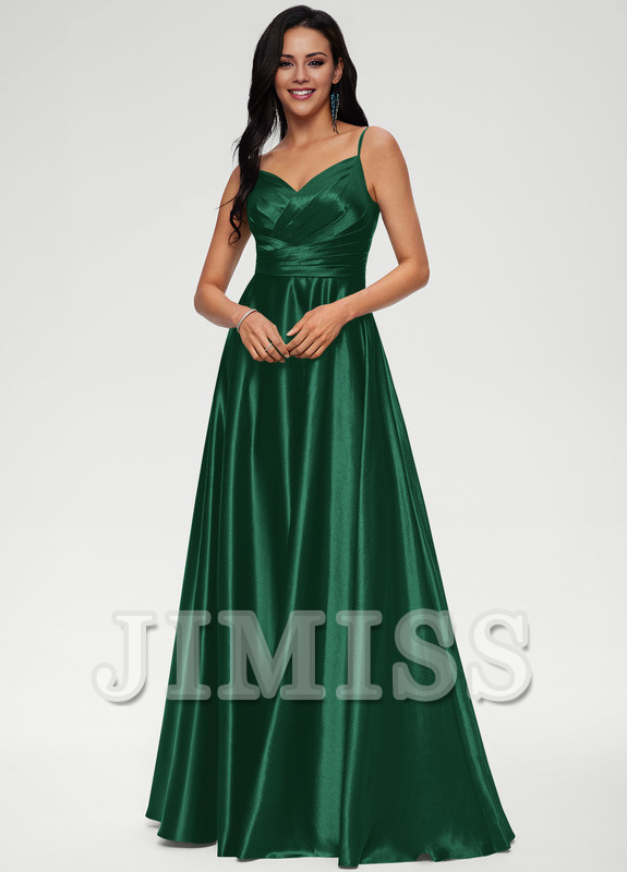 A-line V-neck floor-length satin prom dress