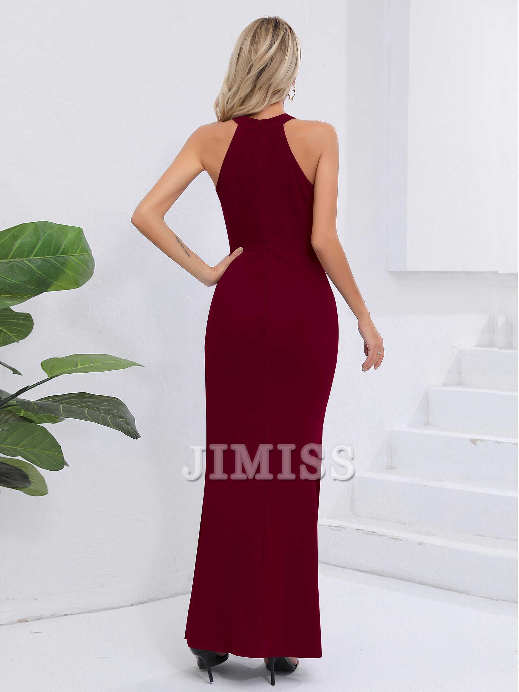 Long party dress with neck hanging sleeveless slit elegant slim fit evening gown