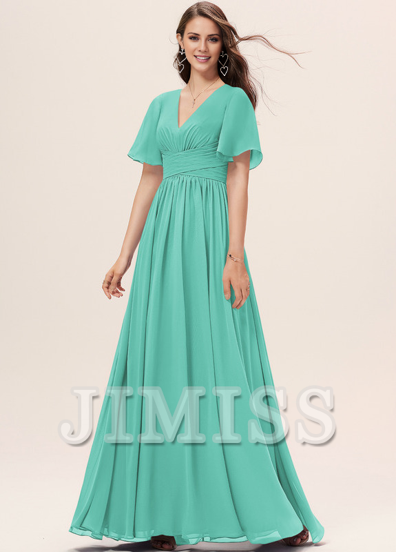 Ruffled A-line V-neck Floor-length Chiffon Bridesmaids Dress