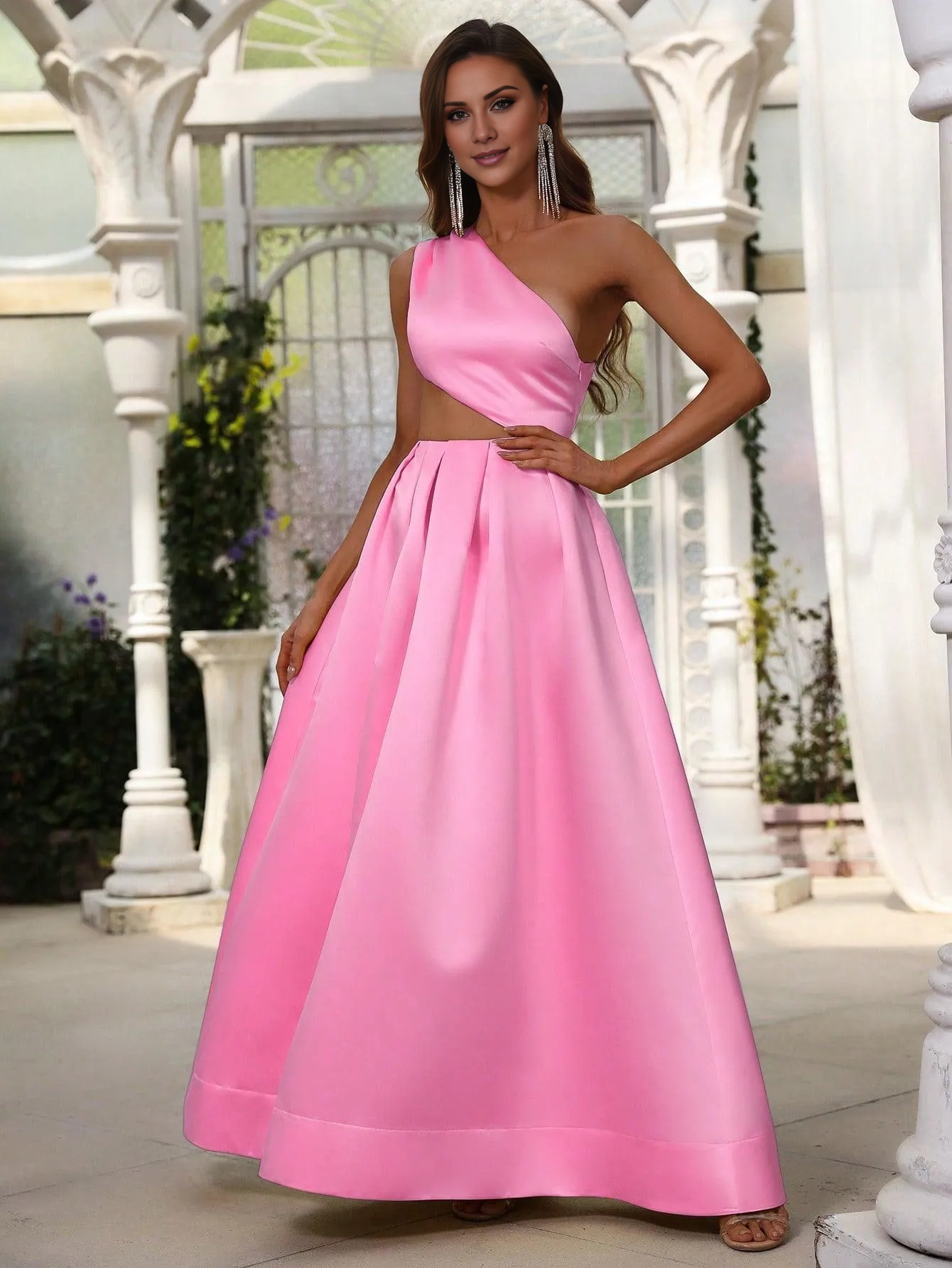 One shoulder hollow satin and floor length formal dress