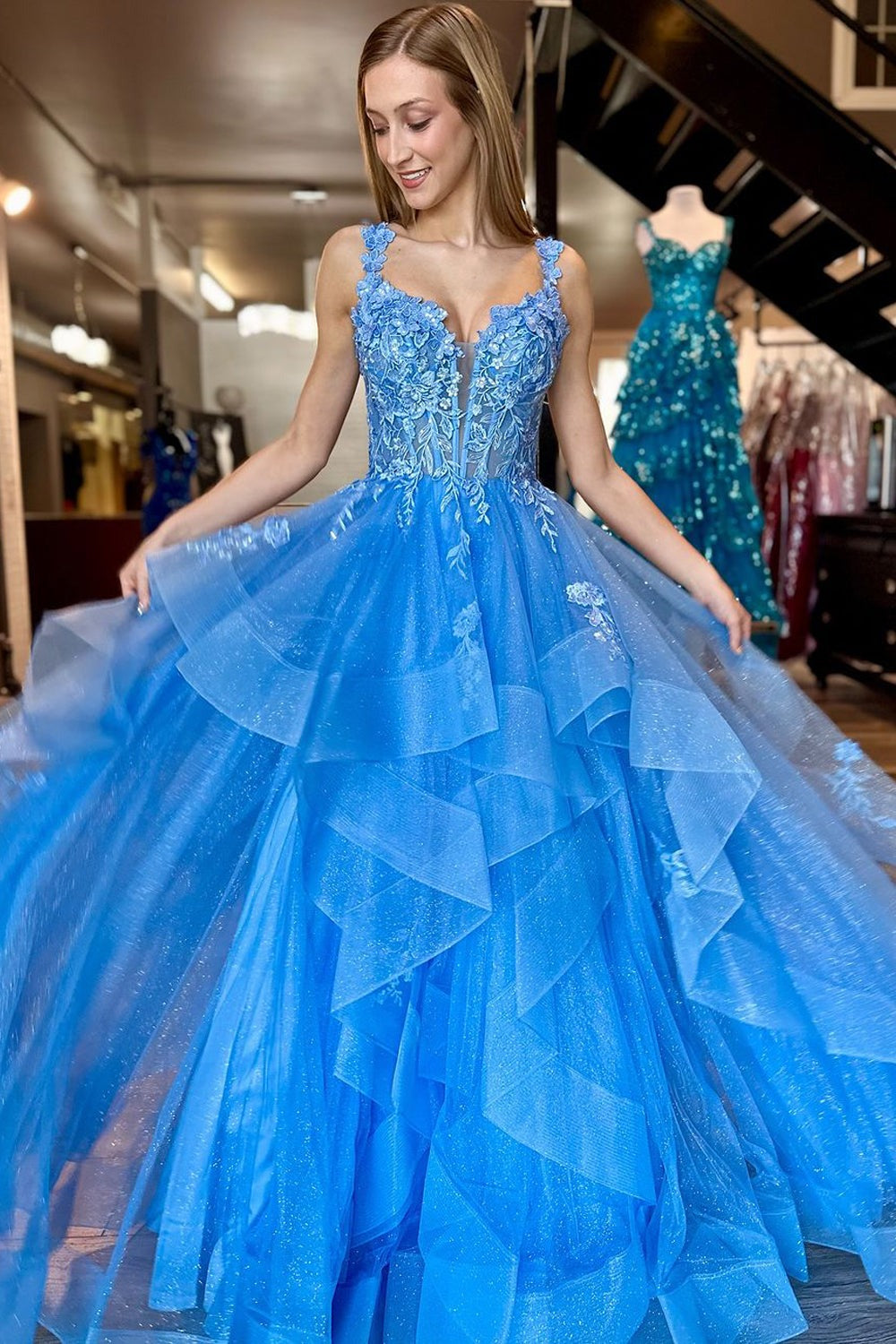 Blue Sparkly Ruffled Tulle V Neck Prom Dresses
