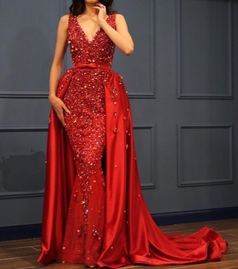 Mermaid V-neck Crystal Beaded Satin Dress Removable Skirt