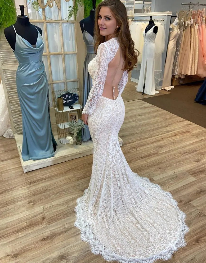 Aimishang Wedding Dress Boho Mermaid Round Neck Long Sleeves Open Back Lace