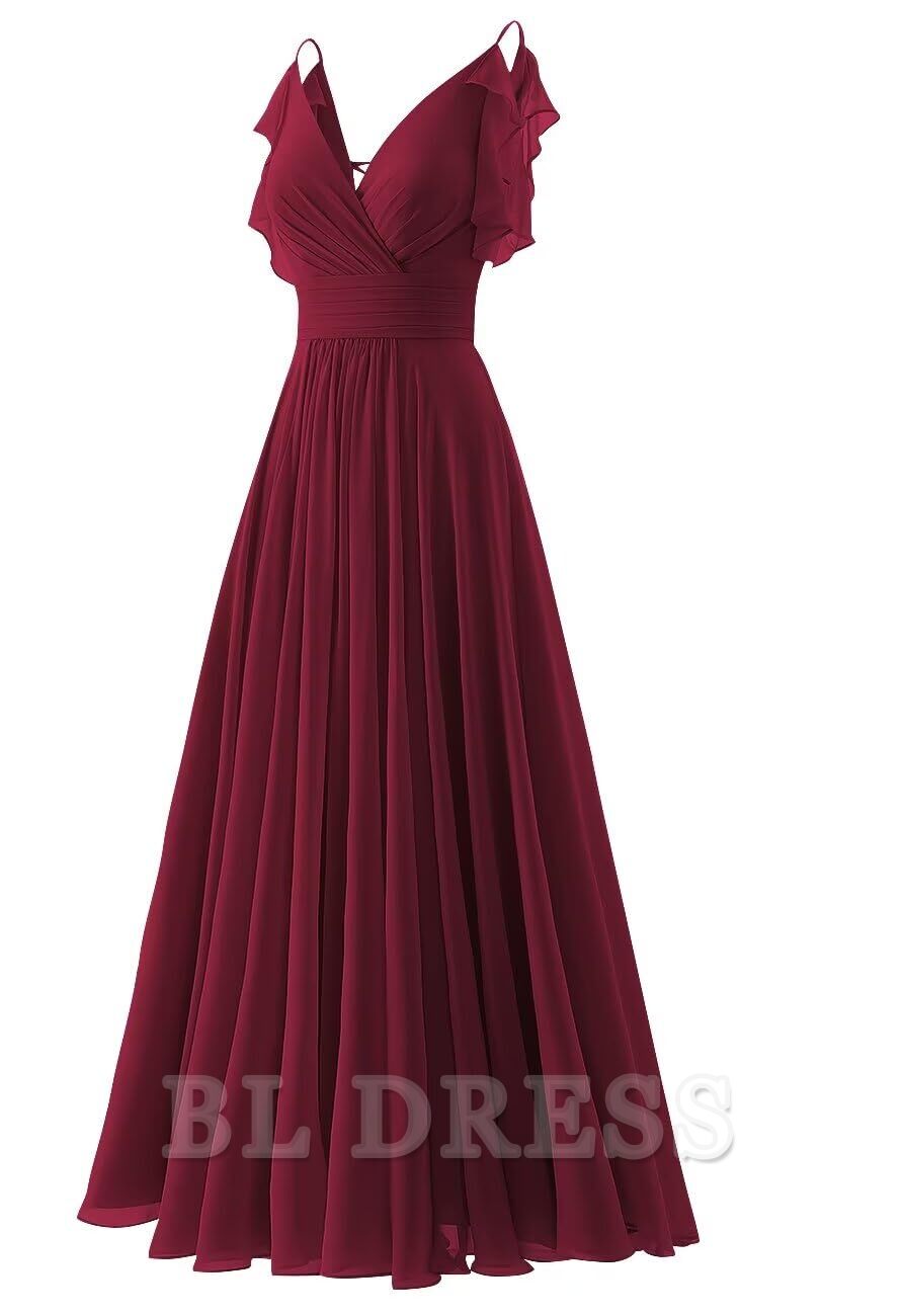 A-line V Neck Ruffle Chiffon Spaghetti Straps formal dresses Bridesmaid Dresses evening gown Prom Dress