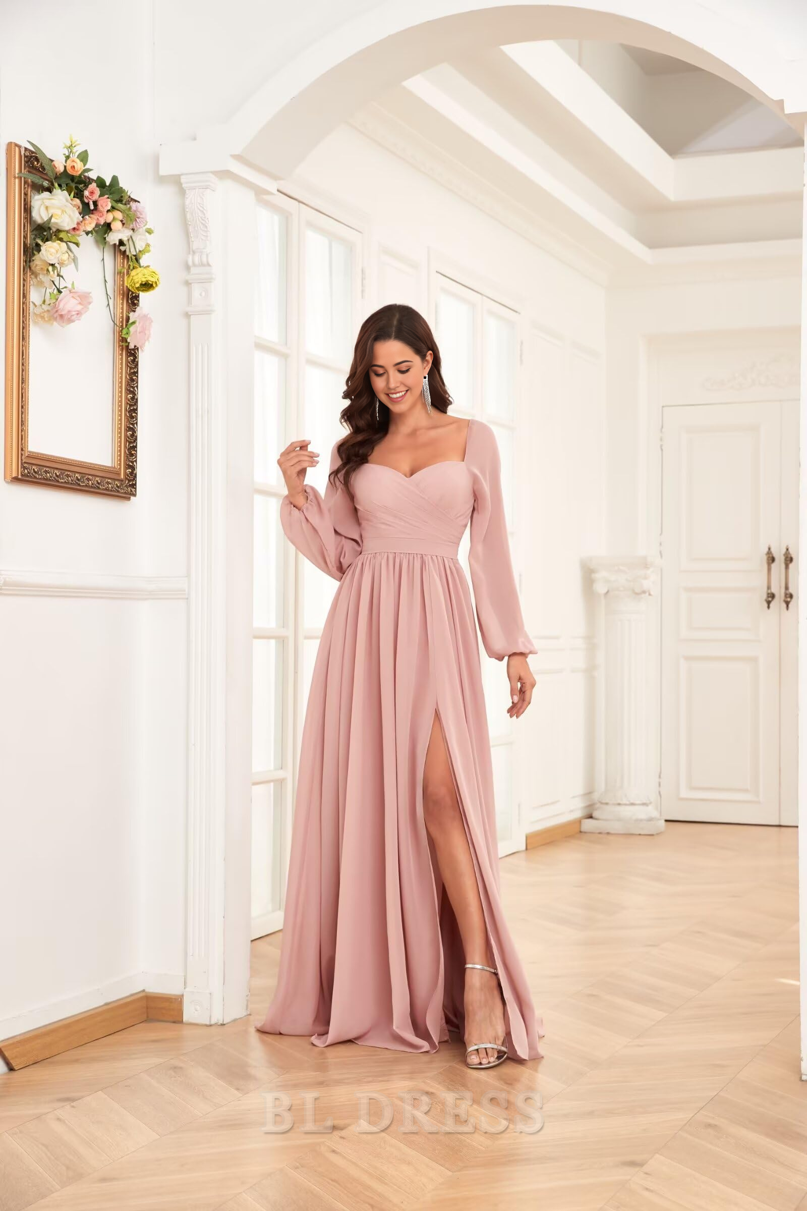 A-line Long Sleeve Pleated Chiffon formal dresses Bridesmaid Dresses evening gown Prom Dress with Slit