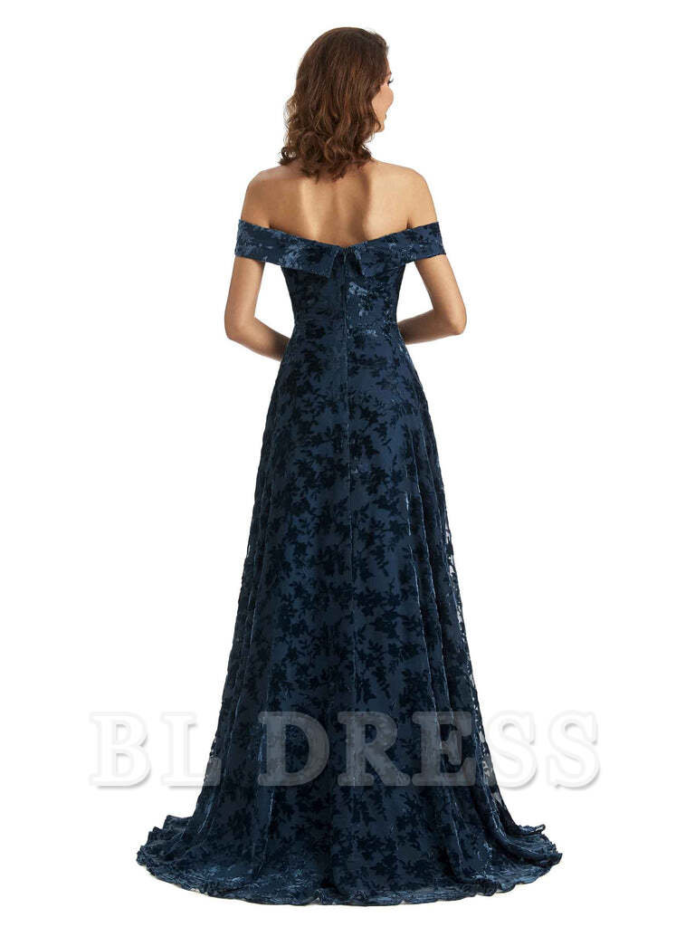 A-Line Off Shoulder Lace Velvet formal dresses evening gown Bridesmaid Dresses With Side Slit
