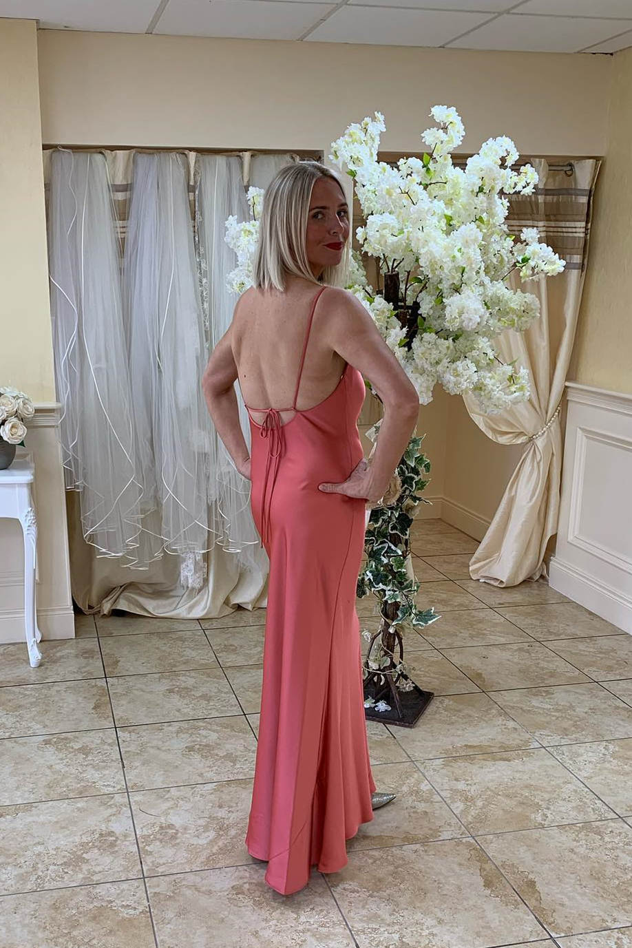 Tie Back Cowl Neck Long Coral Bridesmaid Dress